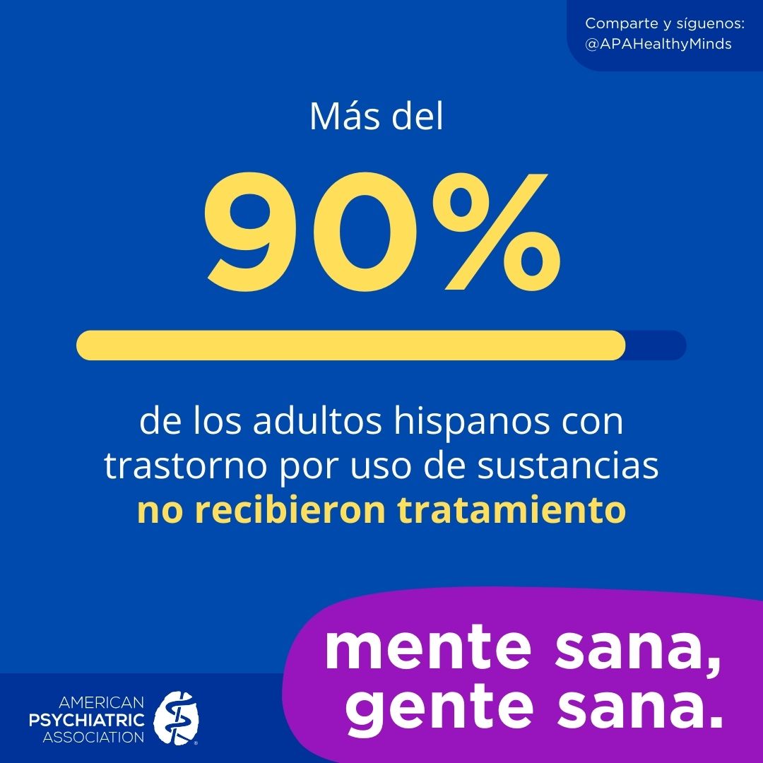 • Comparte y sĂguenos: @APAHealthyMinds
Más del 90% de los adultos hispanos con trastorno por uso de sustancias no recibieron tratamiento
Mente sana, gente sana. American Psychiatric Association