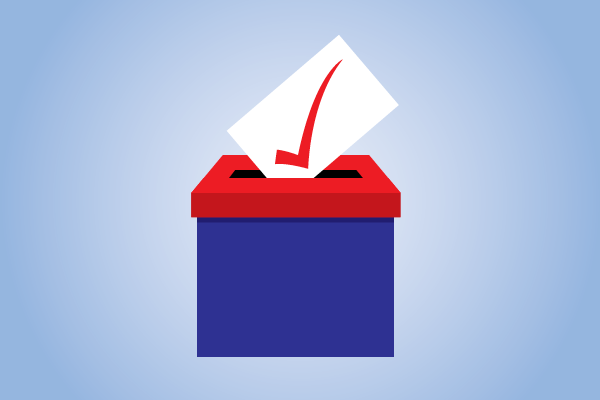 A piece of paper with a large red checkmark entering a slot in a red and blue ballot box.