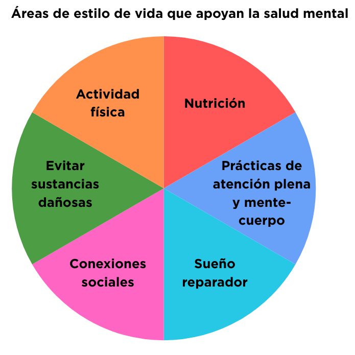 áreas de estilo de vida que apoyan la salud mental; actividad física, nutrición, prácticas de atención plena y mente-cuerpo, sueño reparador, conexiones sociales, evitar sustancias dañosas