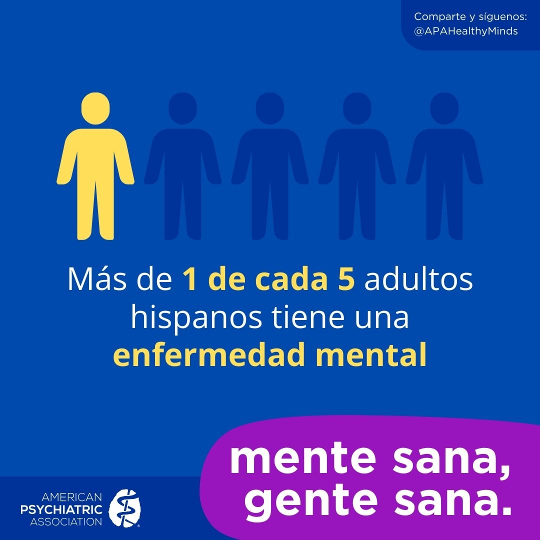 • Comparte y sĂguenos: @APAHealthyMinds
Más de 1 de cada 5 adultos hispanos tiene una enfermedad mental
Mente sana, gente sana. American Psychiatric Association