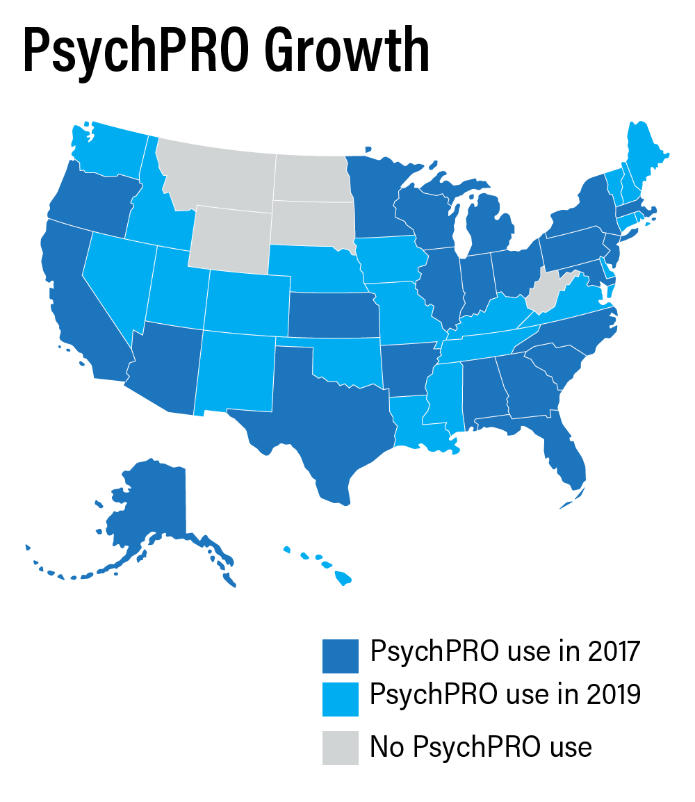 Map of the US states highlighting those that used PsychPro in 2017, in 2019, and not at all, with only 5 states that did not use PsychPRO at all