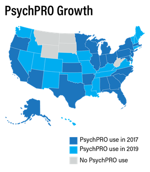 Map of the US states highlighting those that used PsychPro in 2017, in 2019, and not at all, with only 5 states that did not use PsychPRO at all