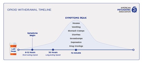 Opioid withdrawal timeline: symptoms begin at 6-12 hours and peak at 72 hours with symptoms including nausea, vomiting, stomach cramps, diarrhea, goosebumps, depression and drug cravings