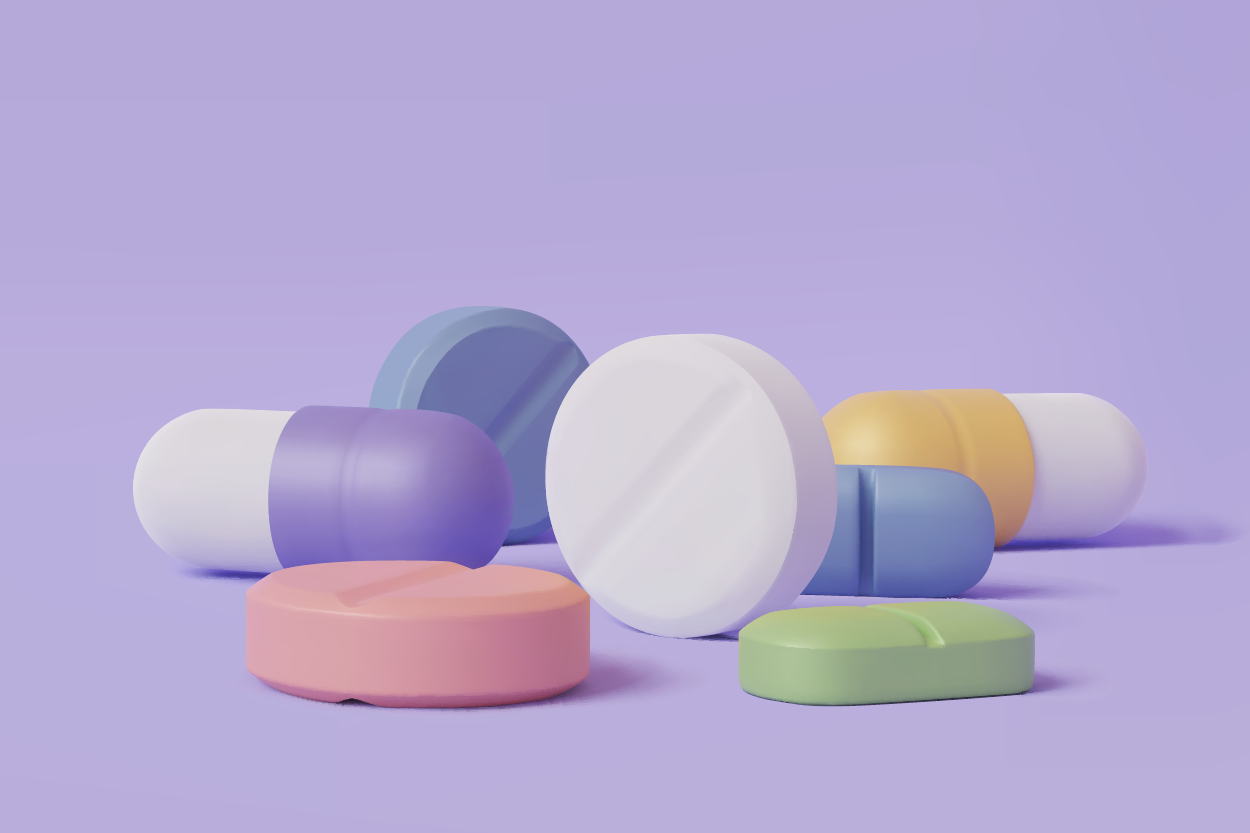 Pills of various colors against a lavender-purple background.
