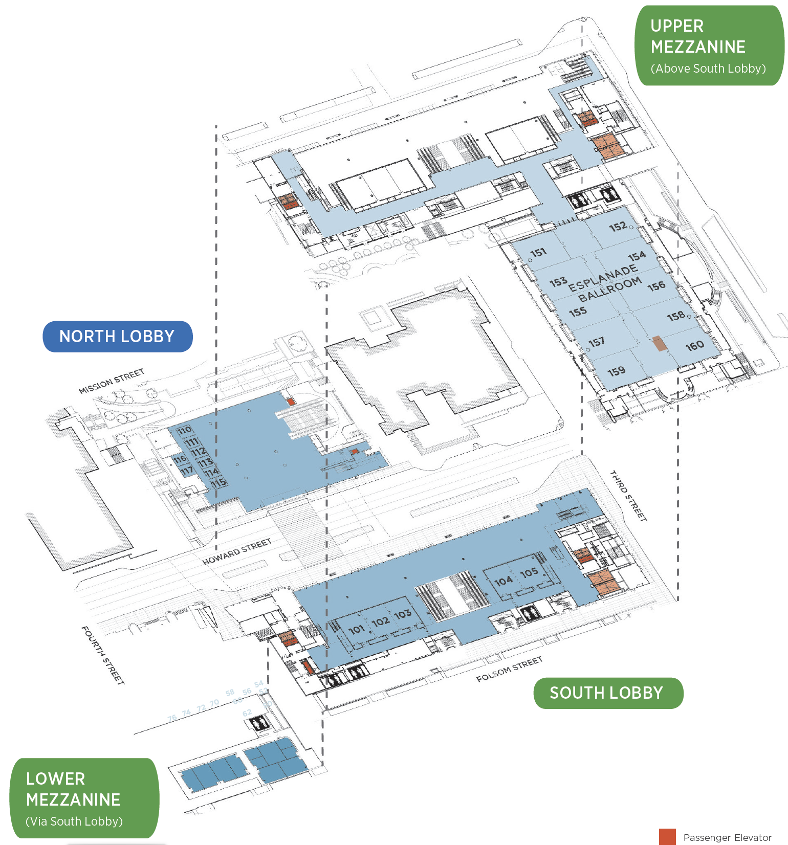 North and South Lobbies and Upper and Lower Mezzanine Map of the Moscone Convention Center