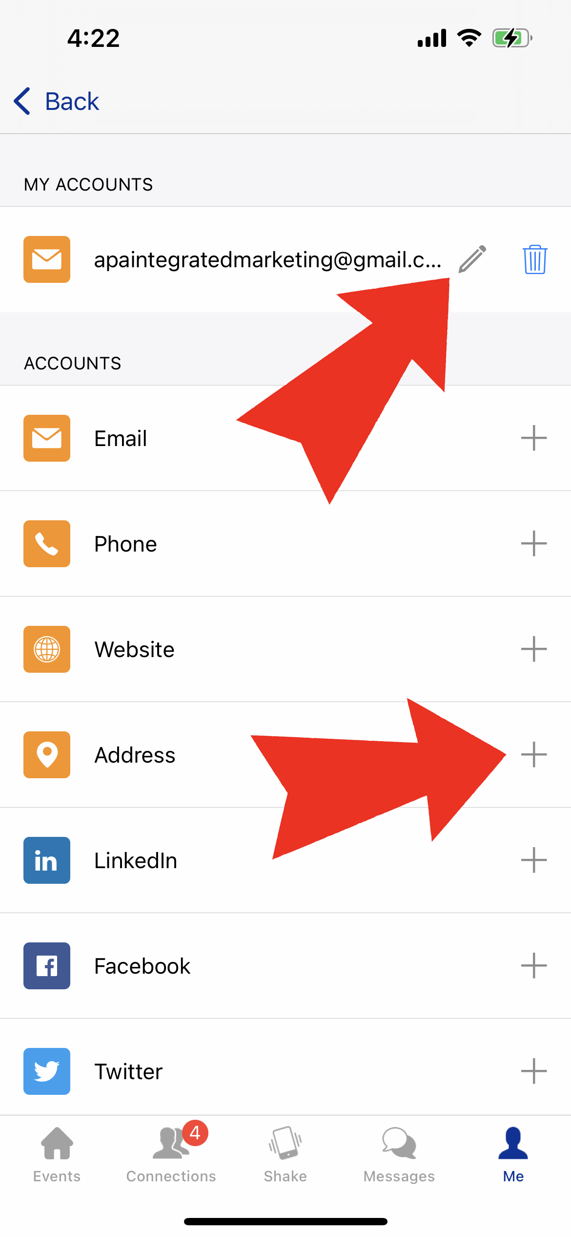 Screenshot of the Edit Private Contact Information screen with one arrow pointing to the pencil icon and one arrow pointing to the plus sign icon