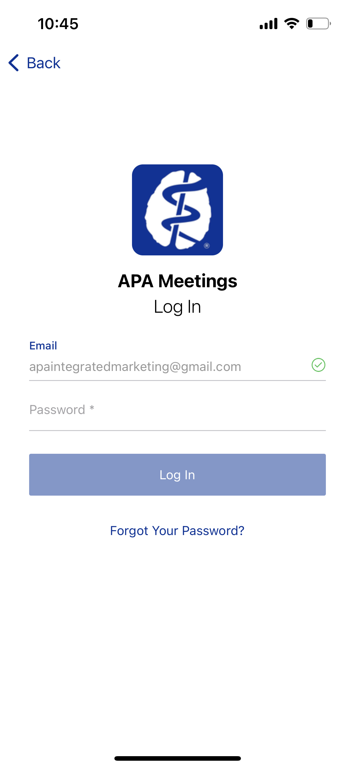 Screenshot of phone screen with the app open with an arrow pointing to the forgot password link