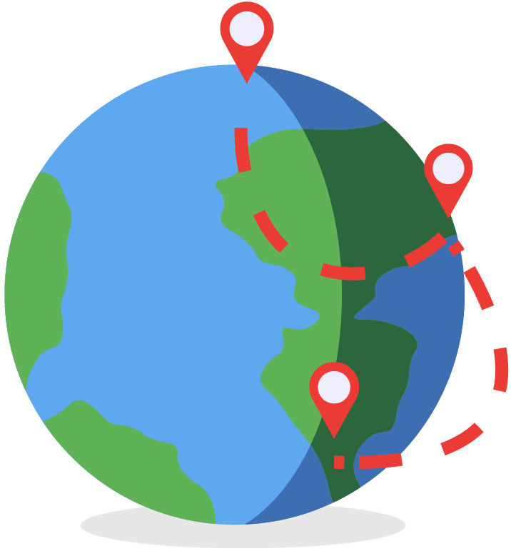 cartoon of a globe with a line and location trail across it