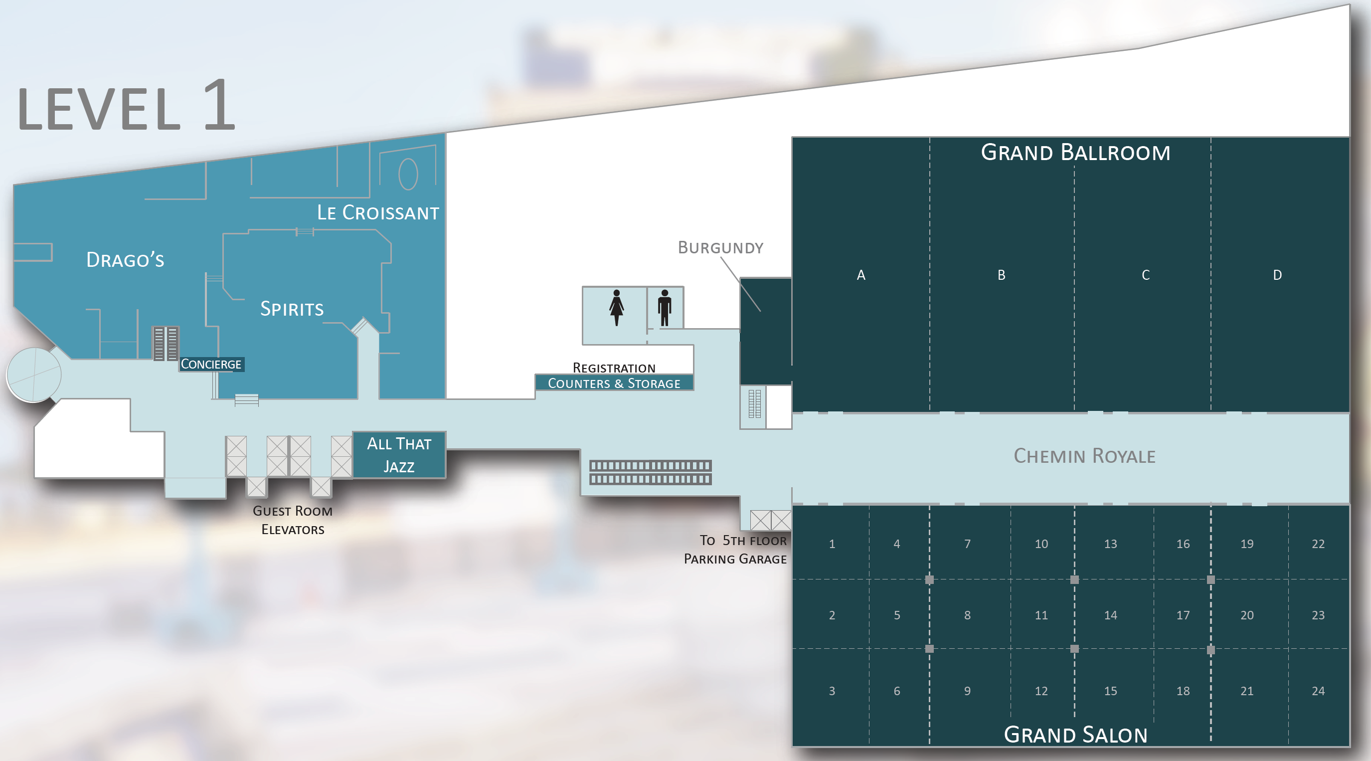 Map of Level One, Hilton Riverside Hotel