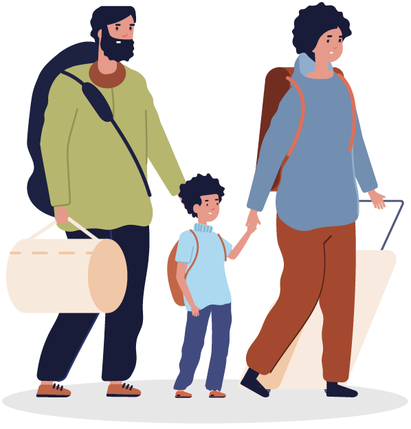 cartoon of parents and a child with bags traveling