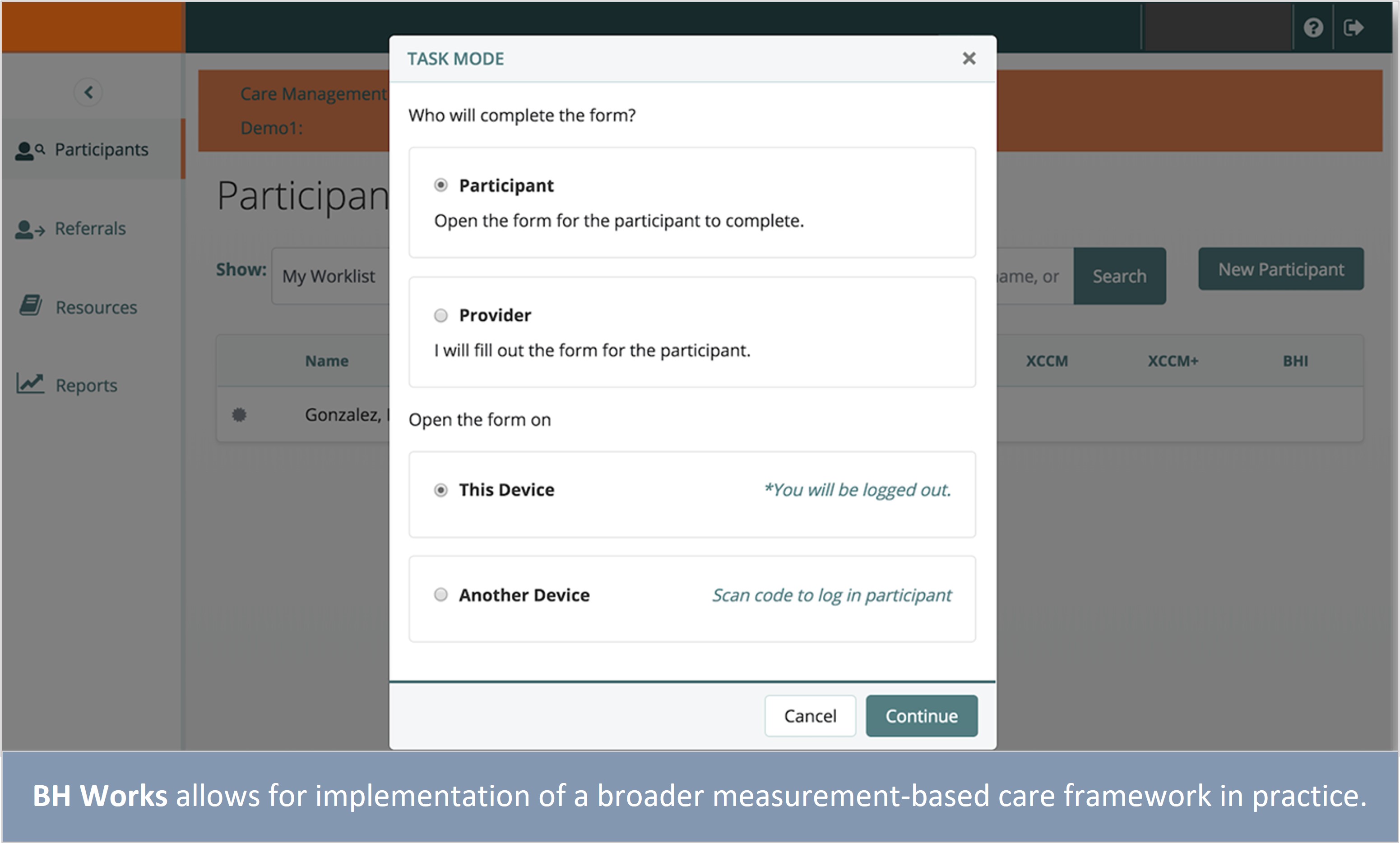 Screenshot of the BH Works dashboard with the text BH Works allows for implementation of a broader measurement-based care framework in practice.