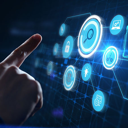Hand pointing at a futuristic digital interface with icons and a highlighted “SEMINAR” label