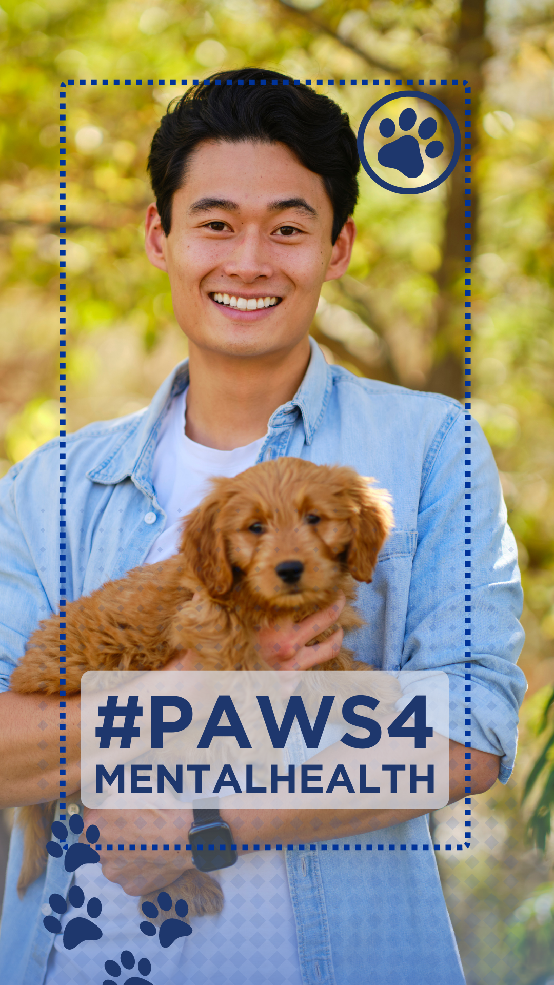 man holding a small dog with #paws4mentalhealth hashtag