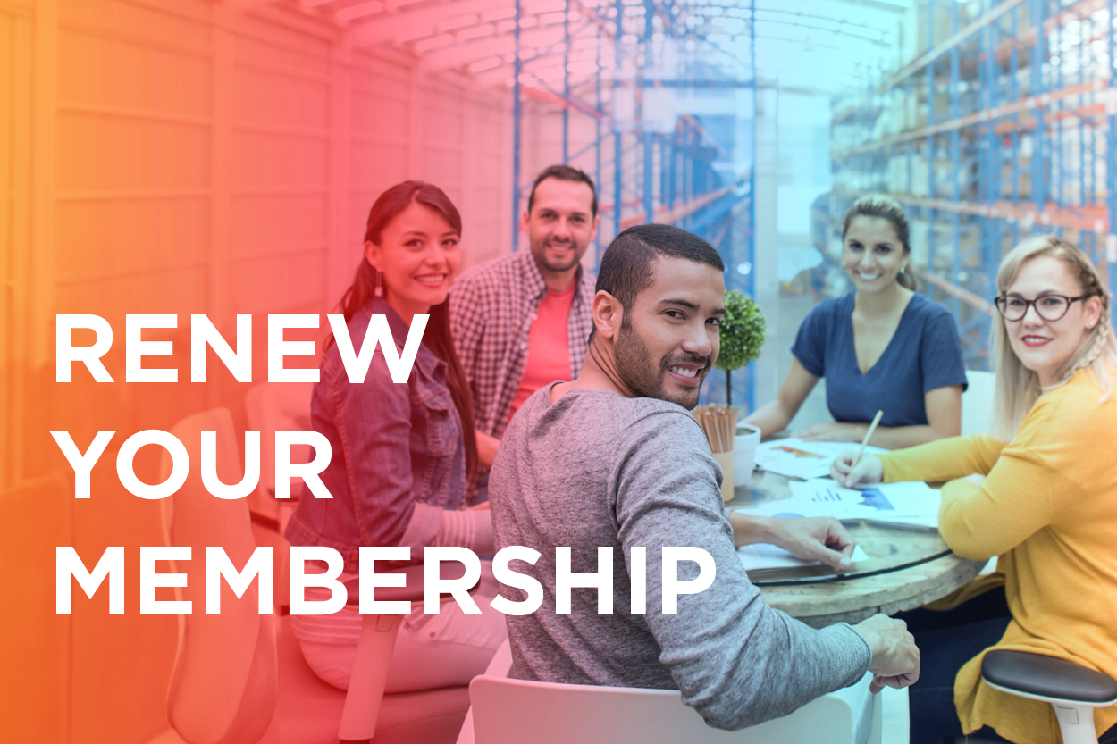 Text reading "renew your membership" over a photograph of a seated group of people looking towards the viewer