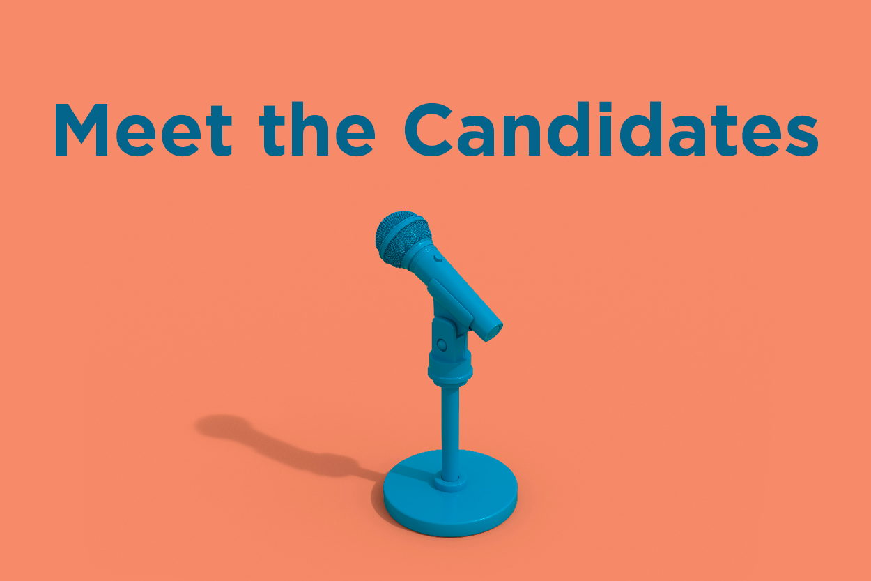 A blue microphone against an orange background with text reading, meet-the-candidate