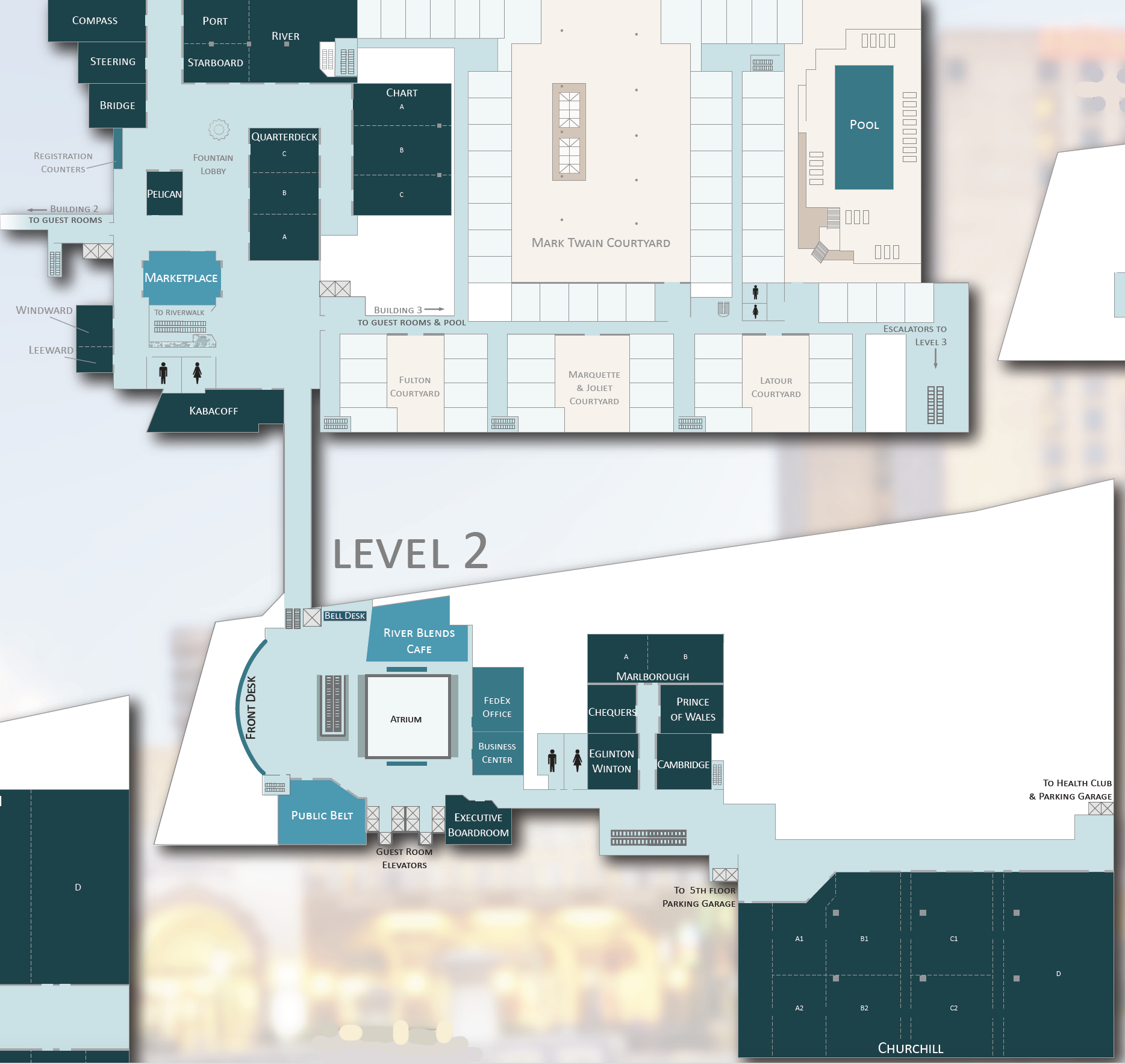 Map of Level Two, Hilton Riverside Hotel