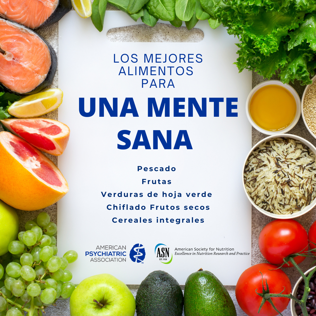 los mejores alimentos para una mente sana: pescado, frutas, verduras de hoja verde, chiflado frutos secos, cereales integrales