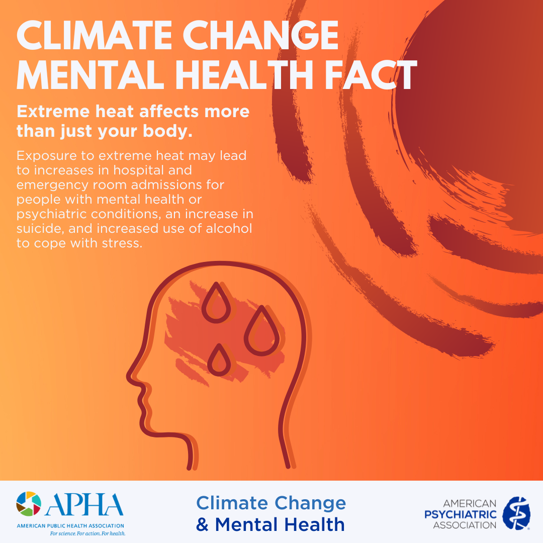 climate change mental health fact: extreme heat affects more than just your body. Exposure to extreme heat may lead to increases in hospital and emergency room admissions for people with mental health or psychiatric conditions, an increase in suicide, and increased use of alcohol to cope with stress