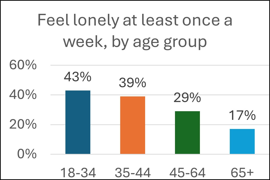feel lonely at least once a week: 43% 18-25 years; 39% 35-44 yrs; 29% 45-64 yrs; 17% 65+
